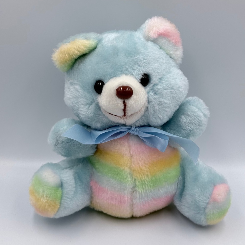 Vintage 1980s Cuddle Wit Pastel Rainbow Teddy Bear Blue Plush Stuffed Animal 8"